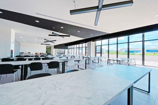 The seating area and terrace of the staff cafeteria of Taiwan Grace Chiayi Factory